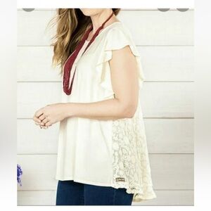 Matilda Jane Women's Medium Lace Back Ivory Top Flutter Sleeve Blouse SZ S Boho